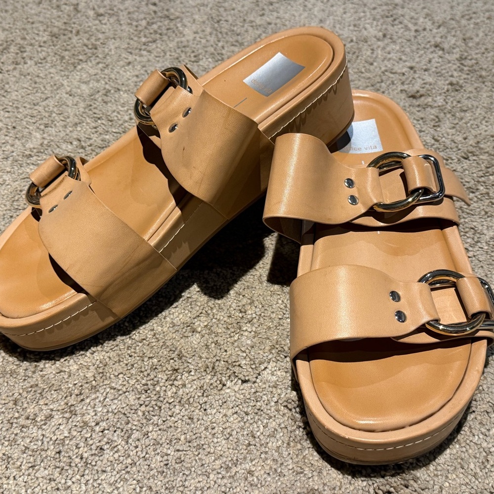 Dolce Vita Tan Platform Buckle Slide Mules